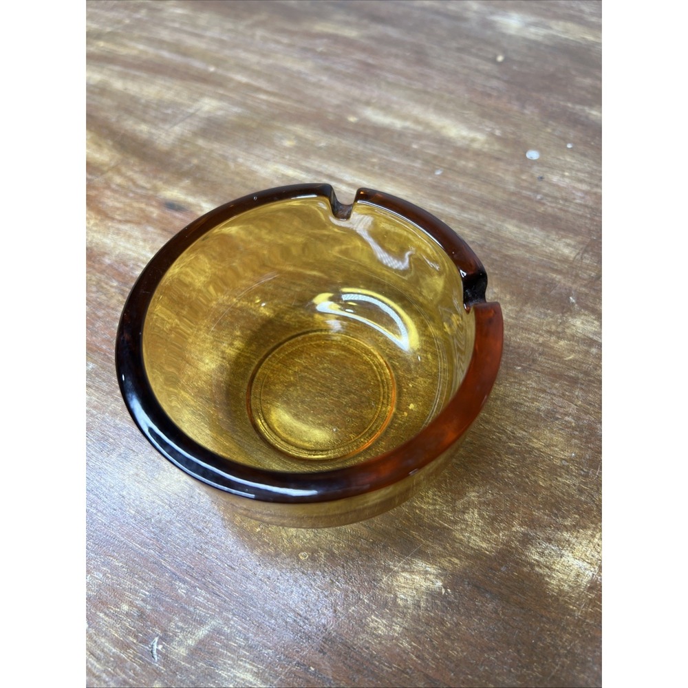 Vintage MCM Amber Glass Ashtray 3.5" Round Heavy Honey Golden Ash Tray 2 slot - Picture 5 of 8